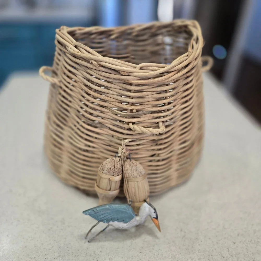 Woven Wicker Wall Hanging Basket with Wooden Heron and fish Charms Coastal Decor